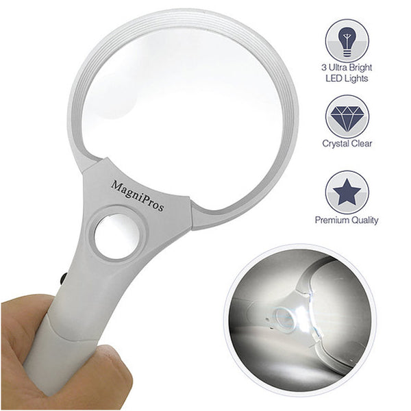 Extra Large 4X Magnifying Glass with 4 Ultra Bright LED Lights & 25X Z –  MagniPros