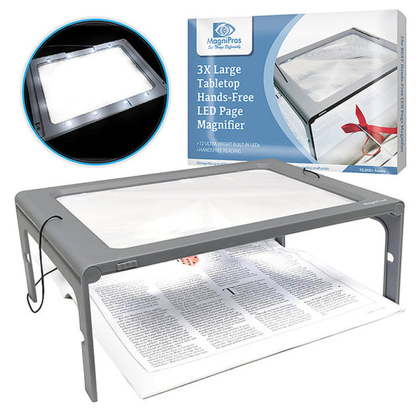 3X Large Full Page Magnifier with 12 LED Lights, Foldable Flip-Out Legs